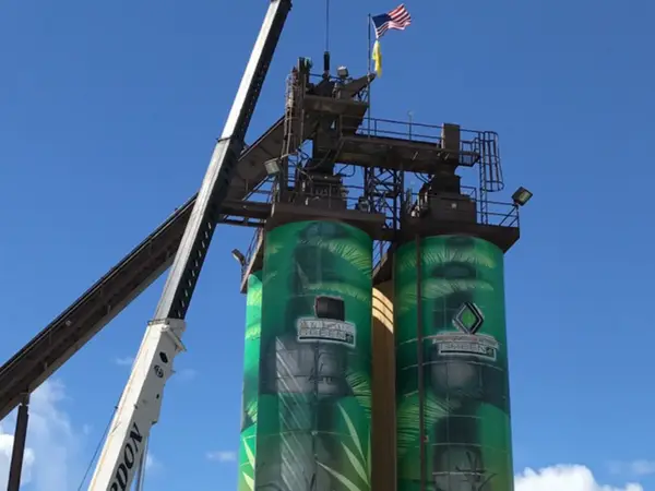 Gordon Crane's white boom raised alongside two tall silos wrapped in green palm-leaf graphics, an American flag flying from the platform at the top.